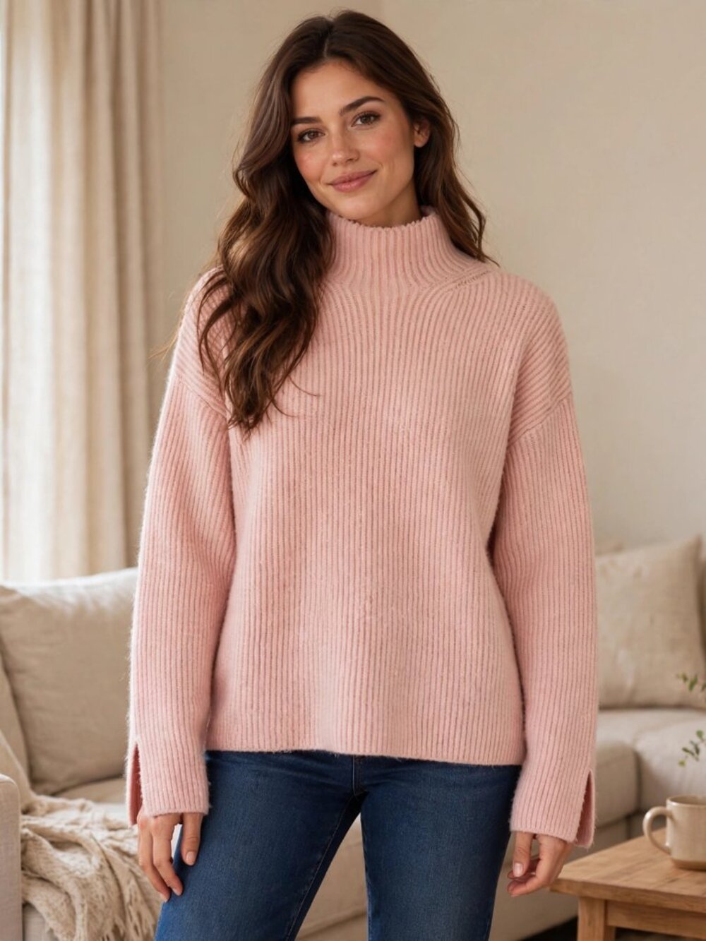 Pink Ribbed Mock Neck Sweater Oversized Cozy Knit Wool Blend | XS